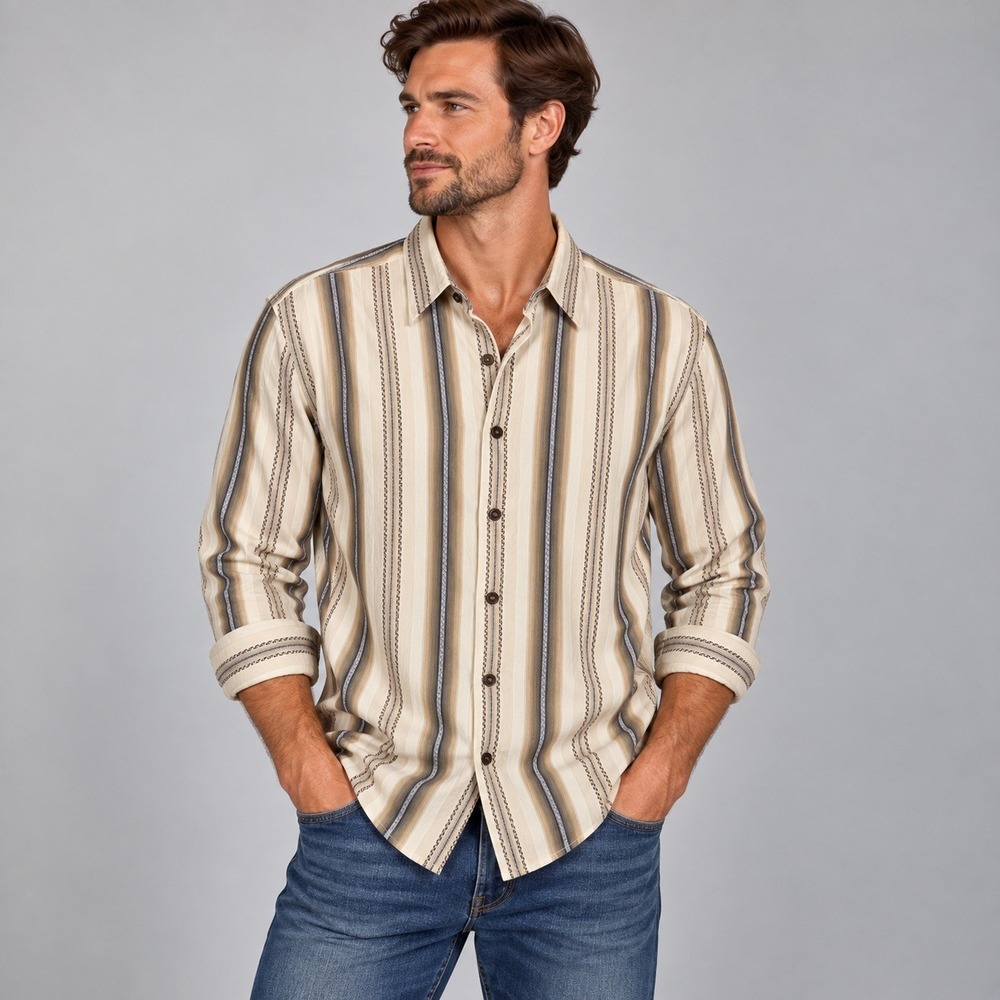 Tommy Bahama Mens Medium Cotton Silk Blend Striped Embroidered Button Down Shirt